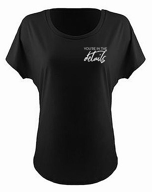 You're in the details women's black tee Sarah Reeves
